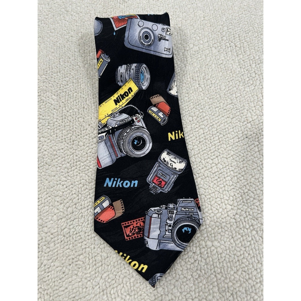 Vintage NIKON Men's 100% Silk Necktie Black/Multi Camera Illustrations Exclusive